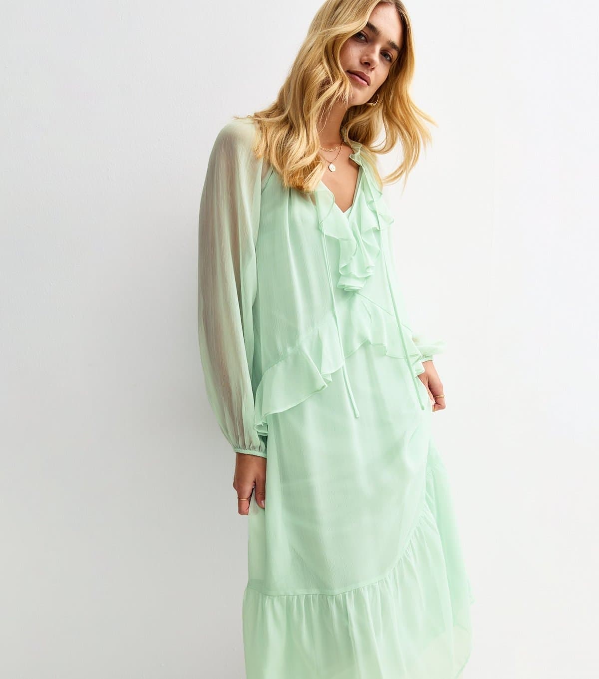 New Look Women's Light Green Frilly Trim Chiffon Midi Dress New Look