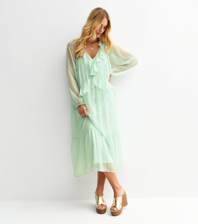 New Look Women's Light Green Frilly Trim Chiffon Midi Dress New Look - 3