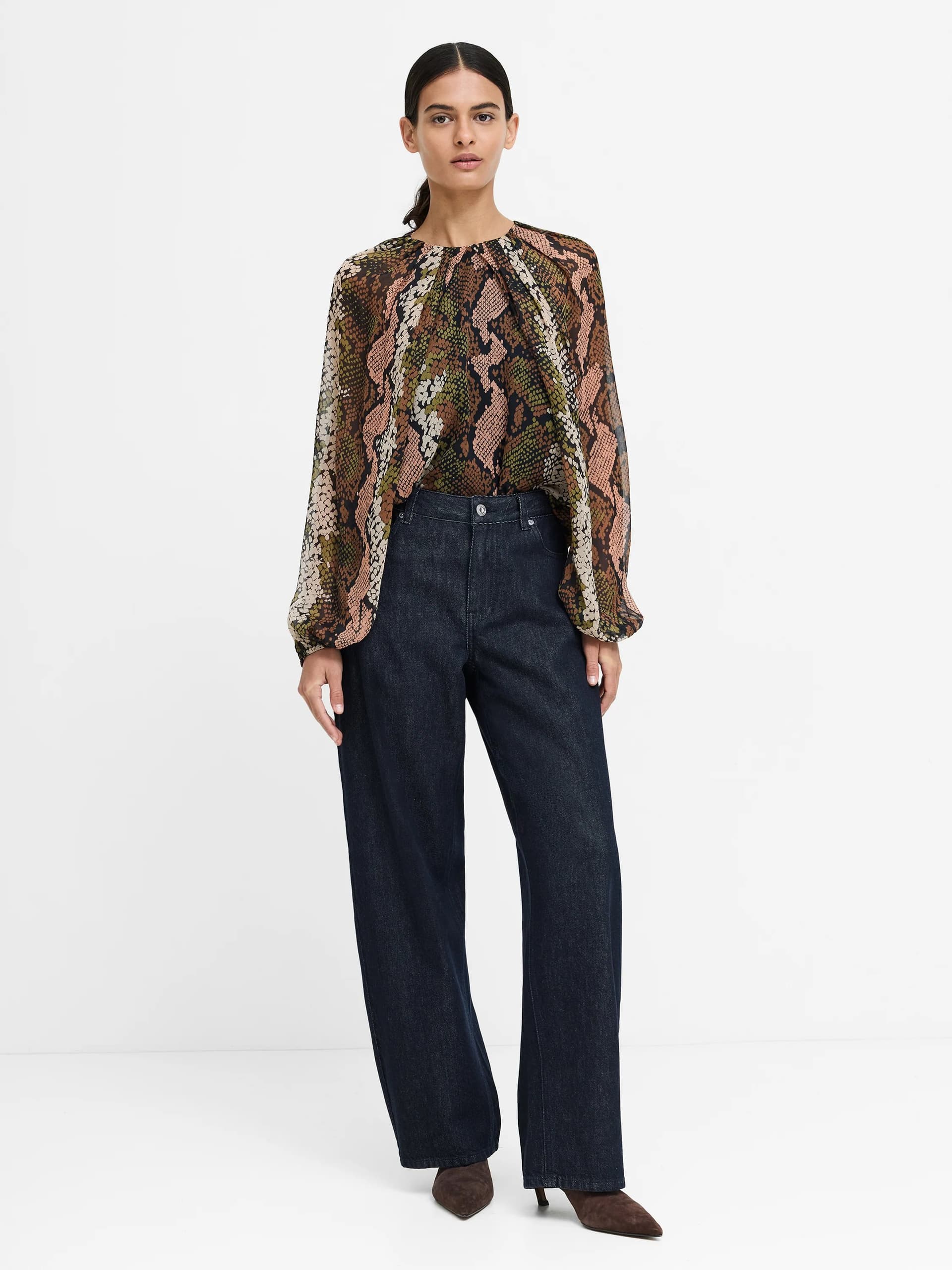 French Connection Emina Snakeskin Chiffon Blouson Sleeve Top Black Multi Brown