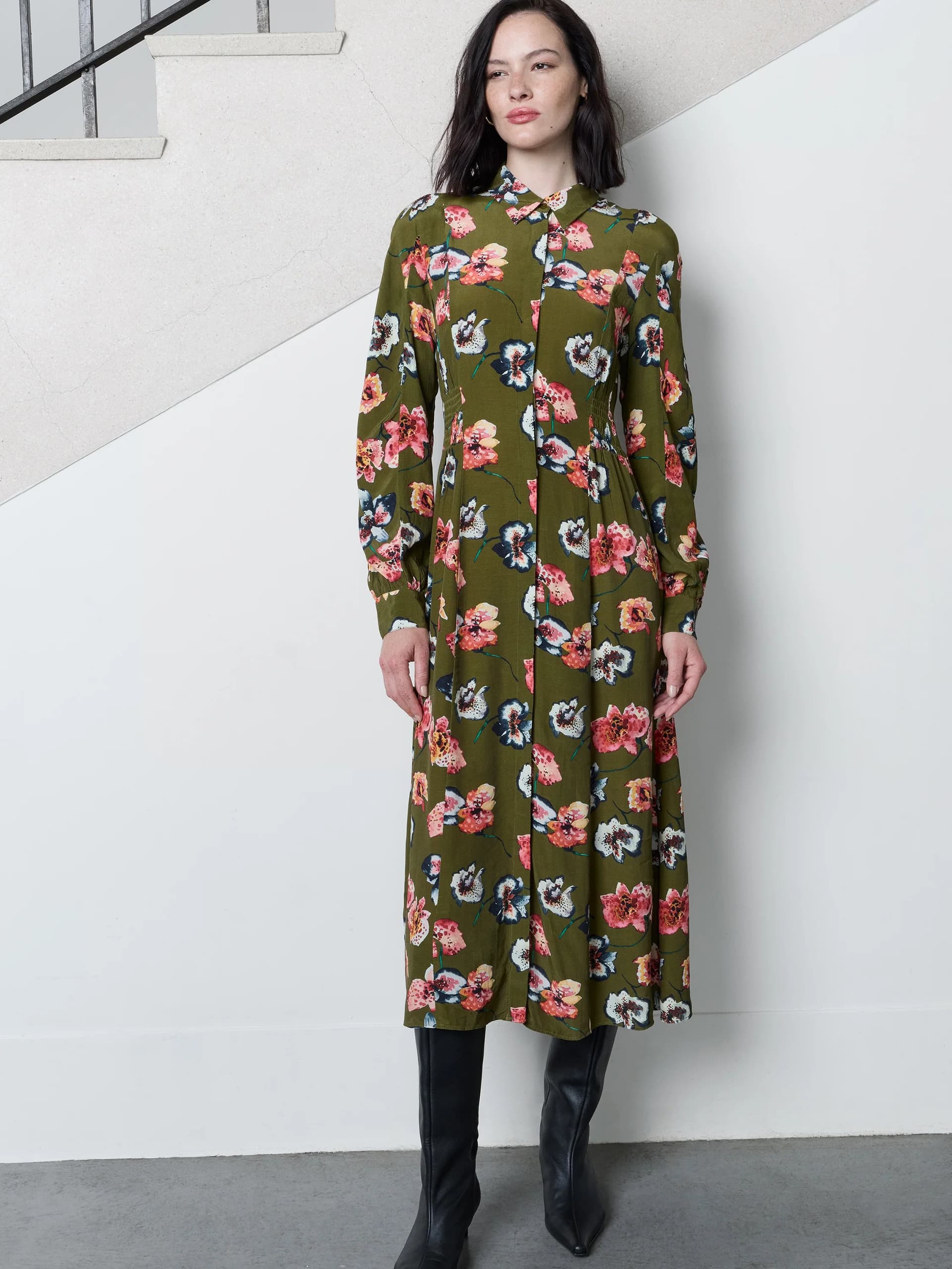 French Connection Abbie Eco Green Floral Shirred Waist Midi Shirt Dress Moss Green Multi