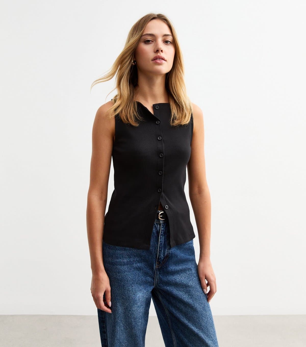 New Look Women's Black Ribbed Button Front Tank Top New Look