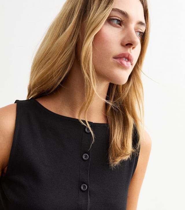 New Look Women's Black Ribbed Button Front Tank Top New Look - 2