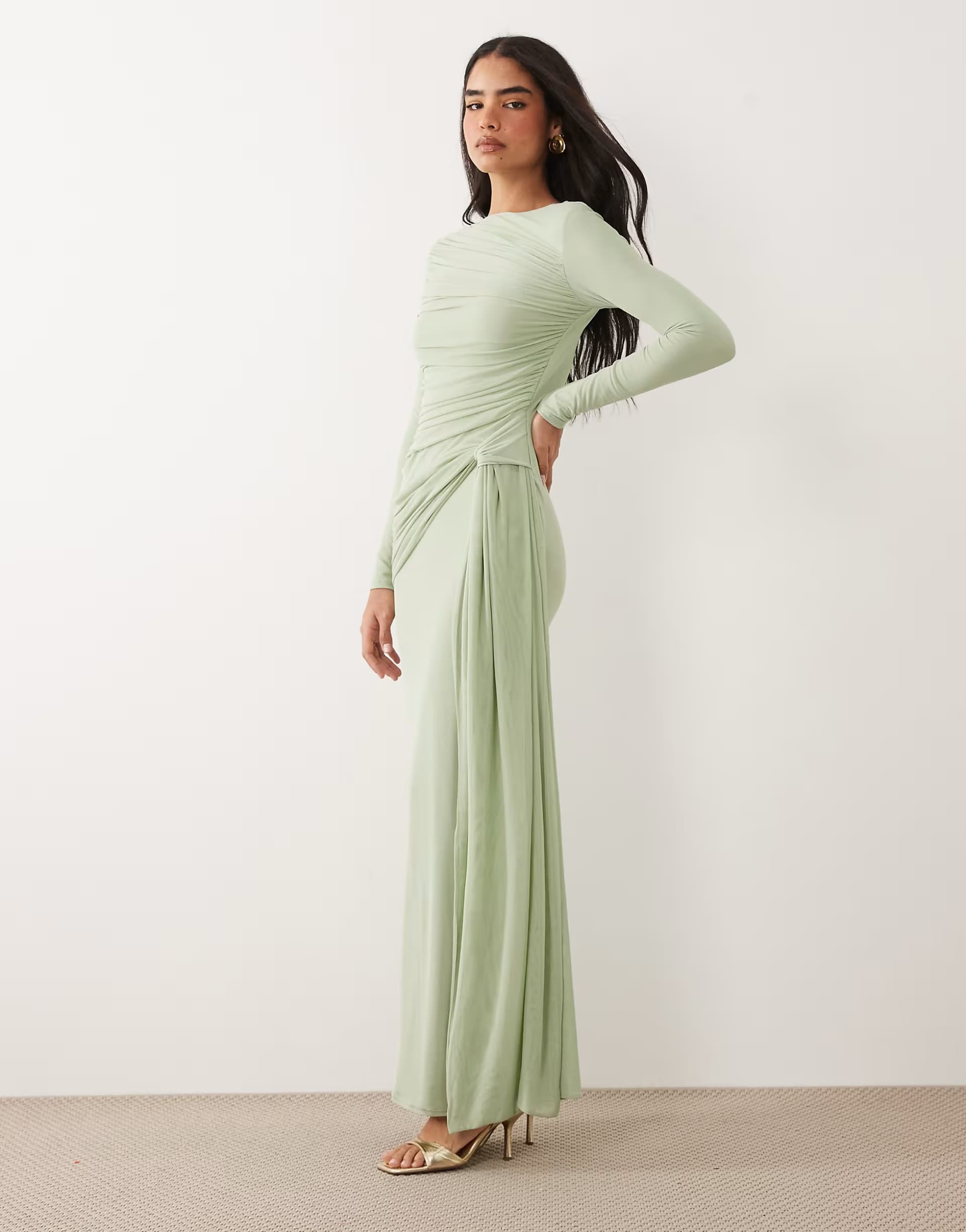 ASOS ASOS DESIGN mesh long sleeve maxi dress in sage