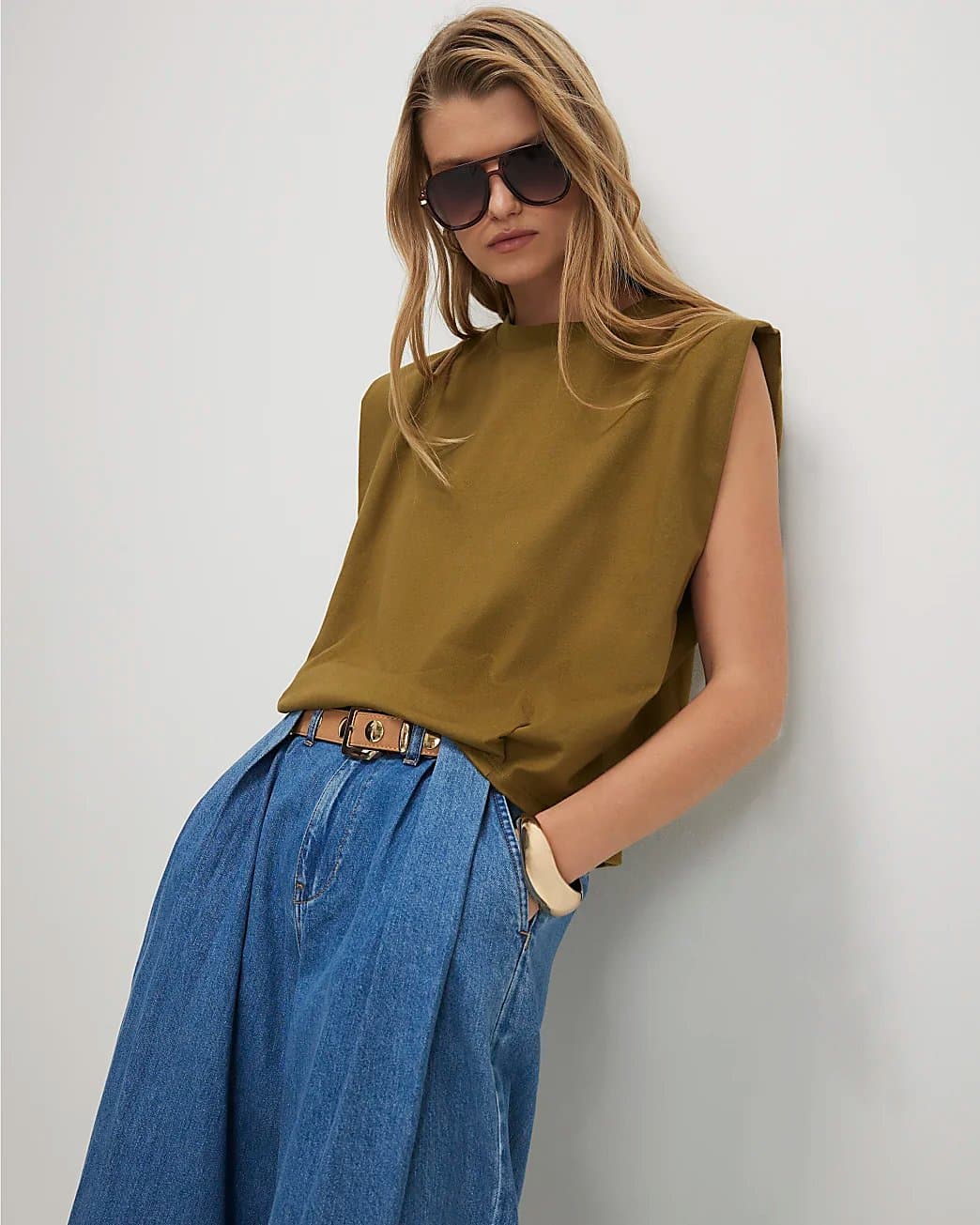 River Island River Island Womens Khaki Cotton Pleat Detail T-Shirt