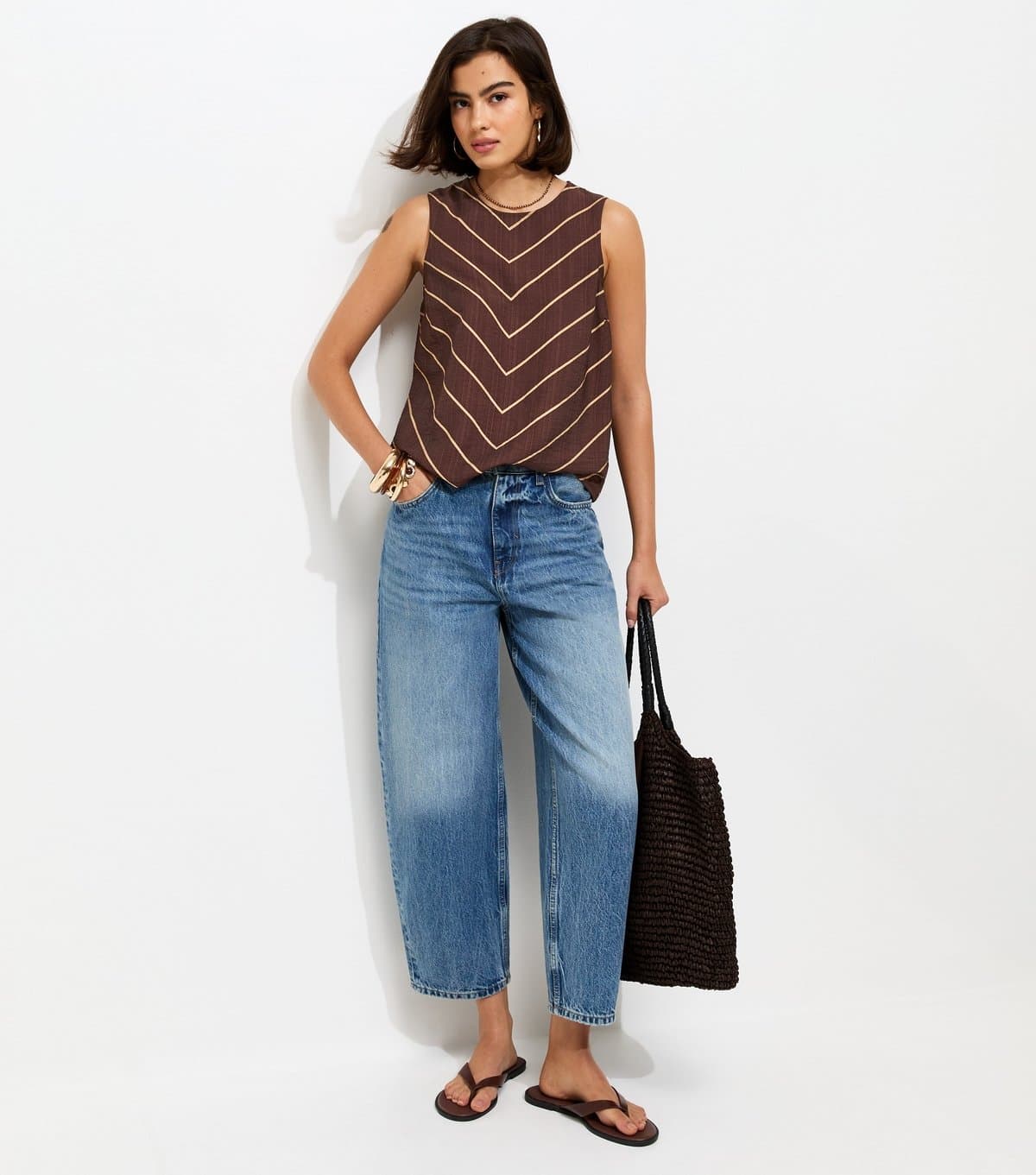 New Look Women's Brown Chevron Print Sleeveless Top New Look