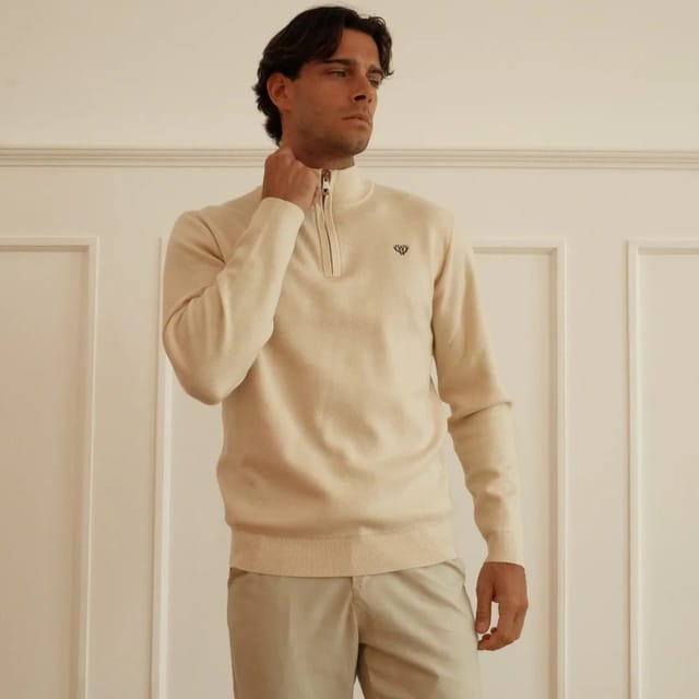 Walker & Hunt Walker & Hunt Men's Huxley Quarter Zip in Cream - 3