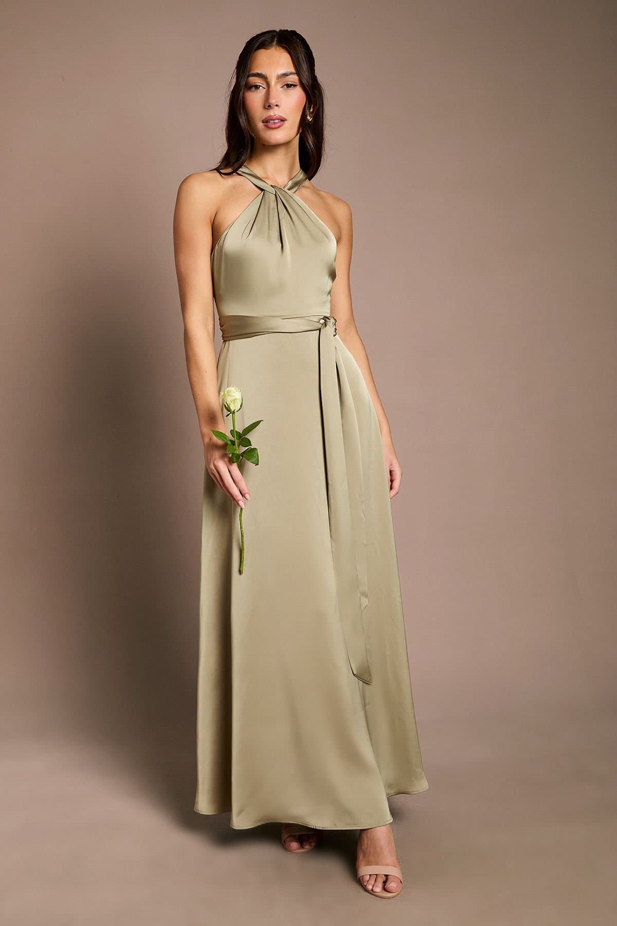 Coast Coast Women's Honoured Twist Halterneck Satin Maxi Bridesmaid Dress in Olive