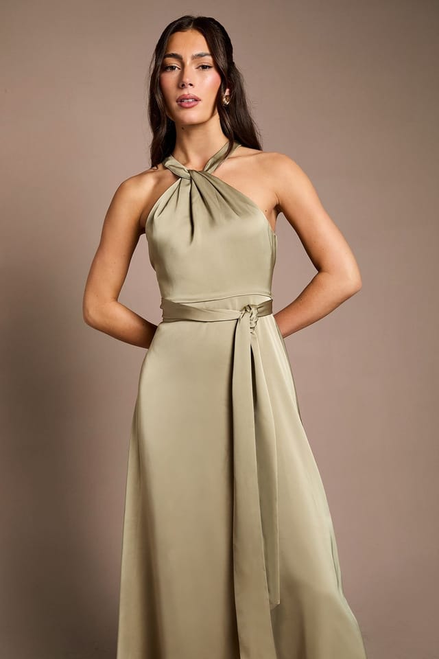 Coast Coast Women's Honoured Twist Halterneck Satin Maxi Bridesmaid Dress in Olive - 2