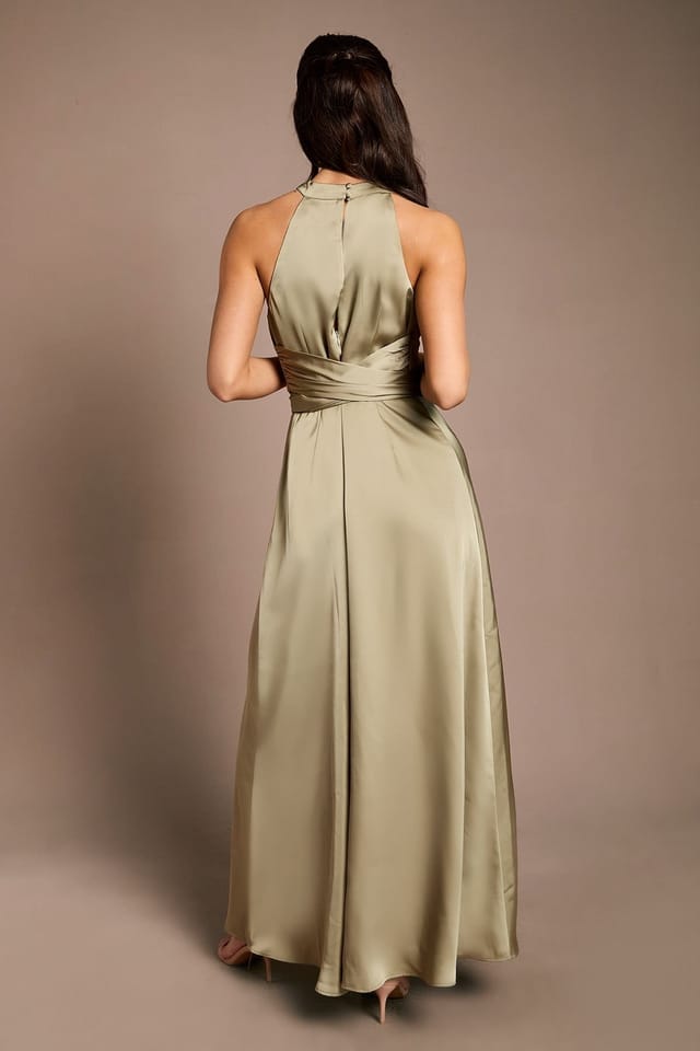 Coast Coast Women's Honoured Twist Halterneck Satin Maxi Bridesmaid Dress in Olive - 3