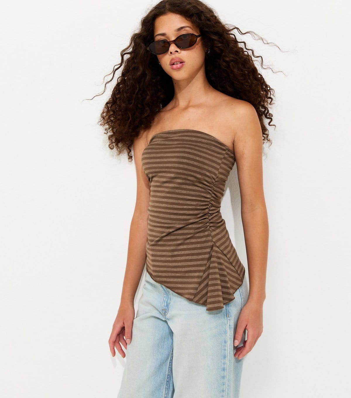 Girls' Brown Cotton Rich Striped Asymmetric Hem Bandeau Top New Look