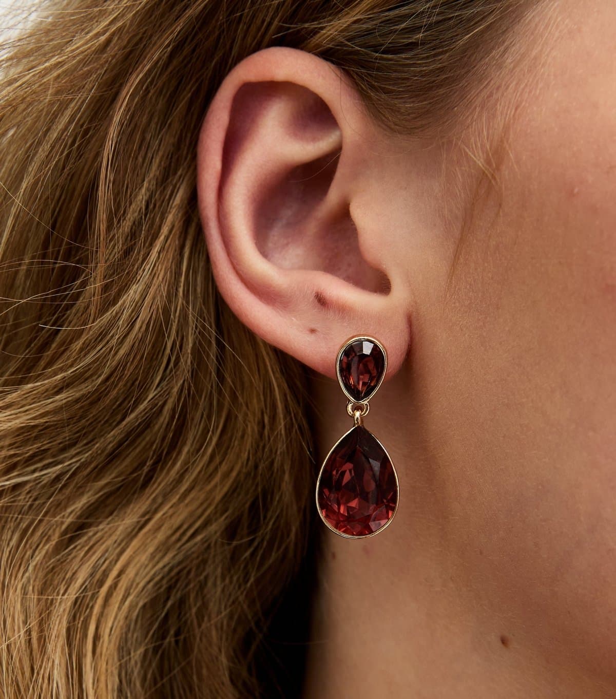 New Look Gold Tone Burgundy Faux Stone Teardrop Stud Earrings New Look