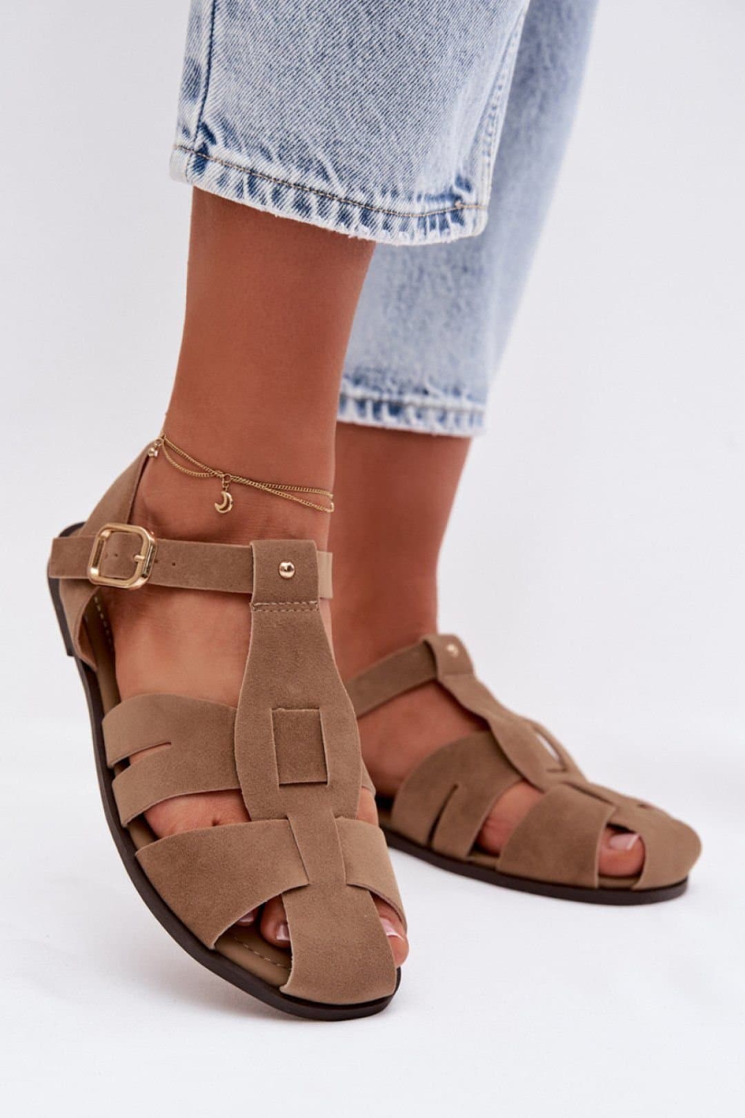 Love Lace Love Lace Women's Roman Flat Sandals with Adjustable Gold Buckle Strap Comfort in Beige