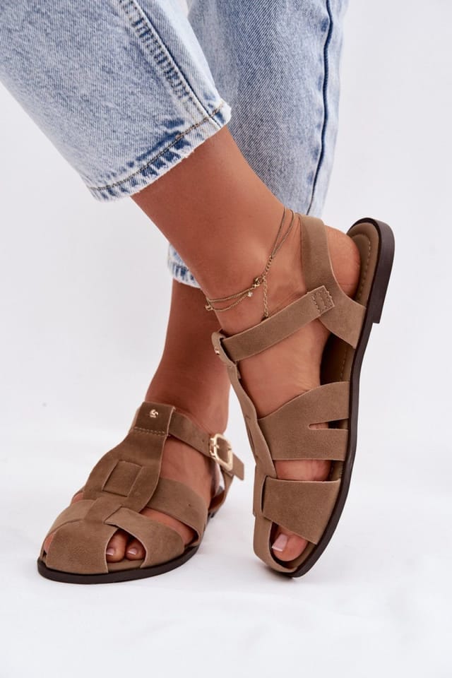 Love Lace Love Lace Women's Roman Flat Sandals with Adjustable Gold Buckle Strap Comfort in Beige - 3