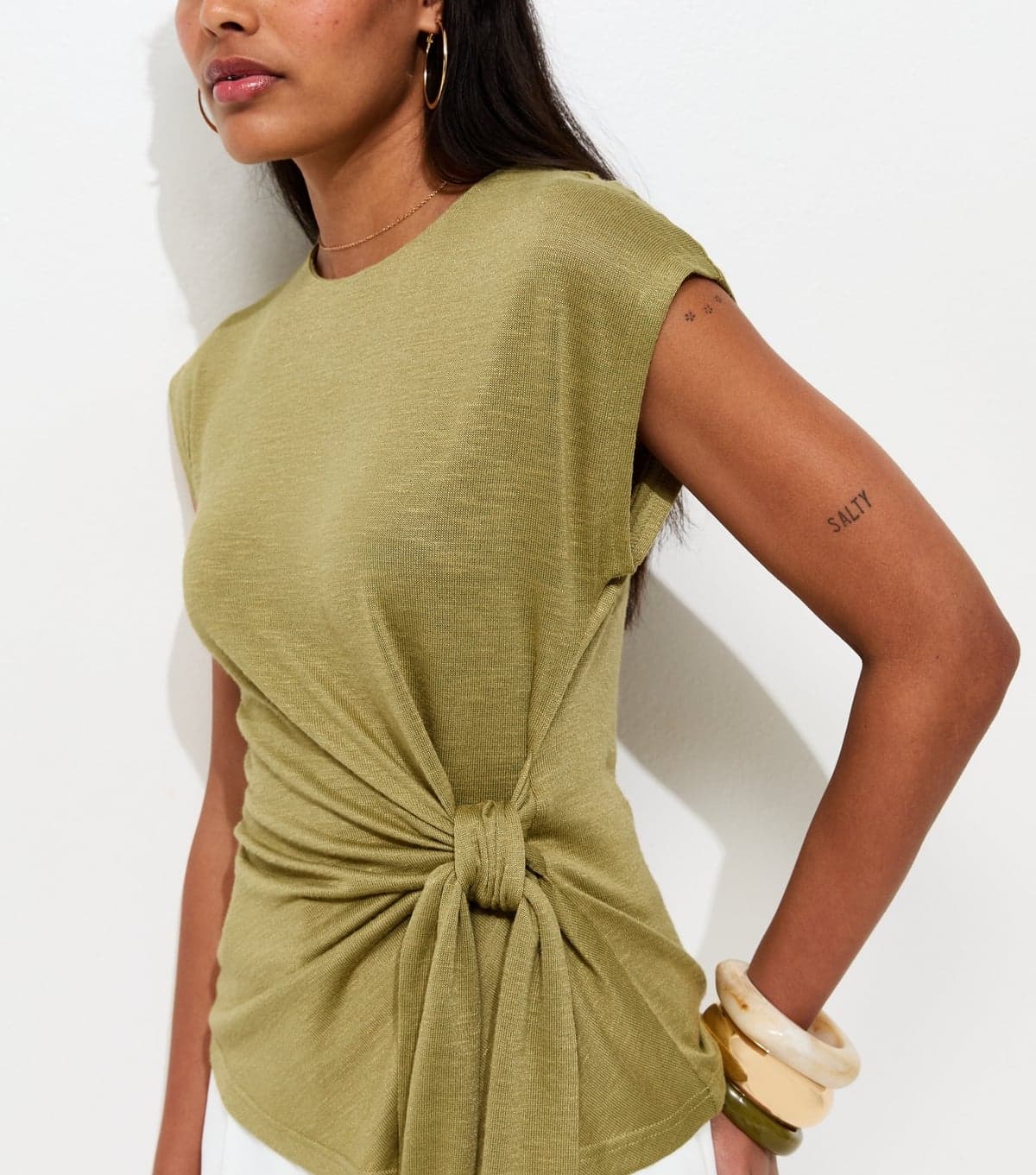 New Look Women's Green Soft Touch Slubby Tie Front Top New Look