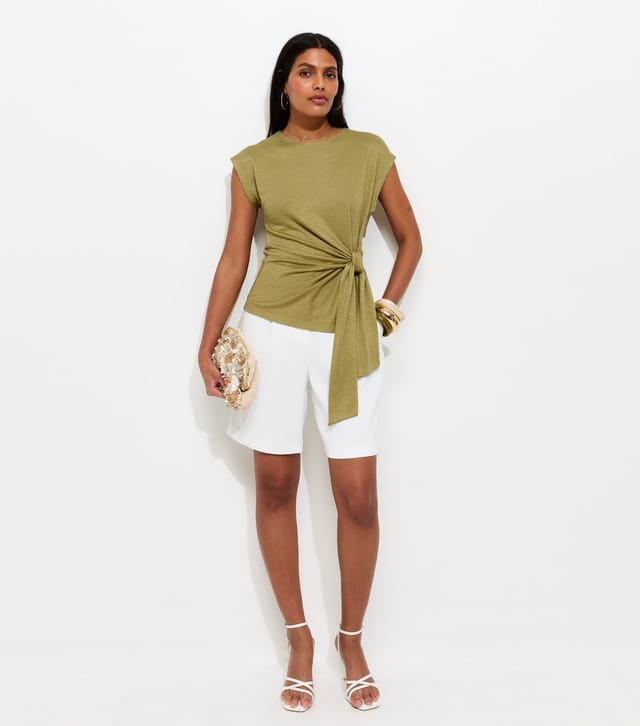 New Look Women's Green Soft Touch Slubby Tie Front Top New Look - 3