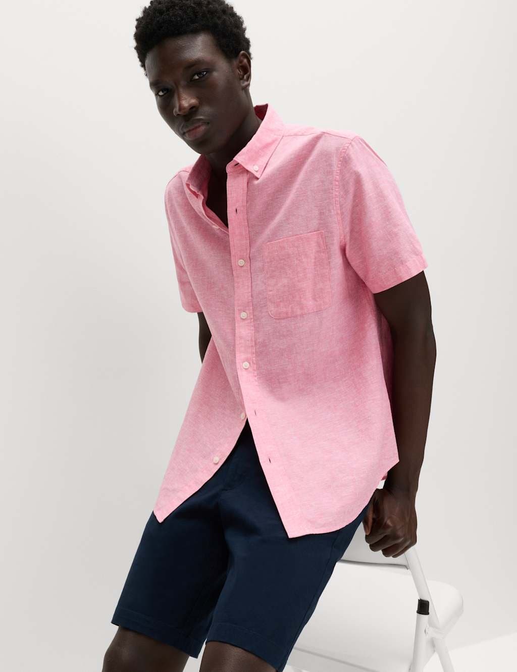 Marks & Spencer M&S Regular Fit Linen Rich Short Sleeve Shirt Pink Fizz