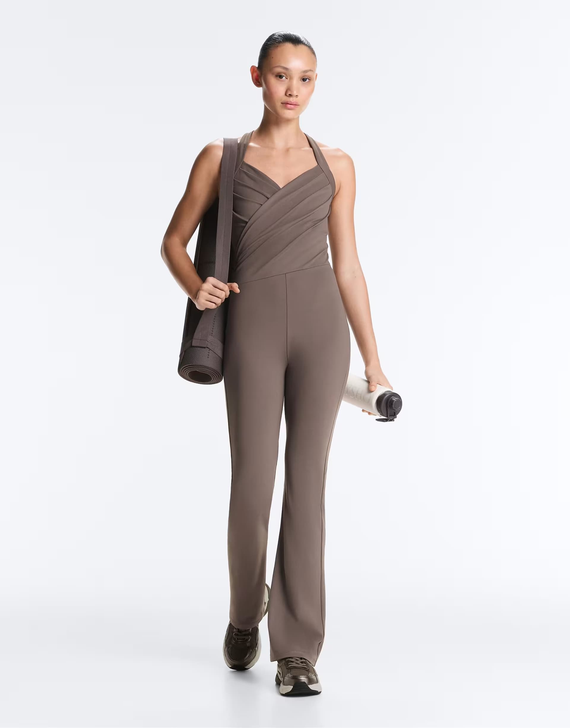 ASOS OYSHO Crossover comfortlux long flare jumpsuit in taupe-grey