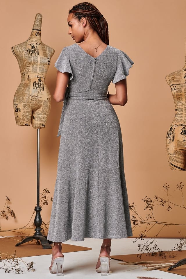 Jolie Moi Jolie Moi Women's Metallic Effect Ruffle Hem Maxi Dress in Silver - 2