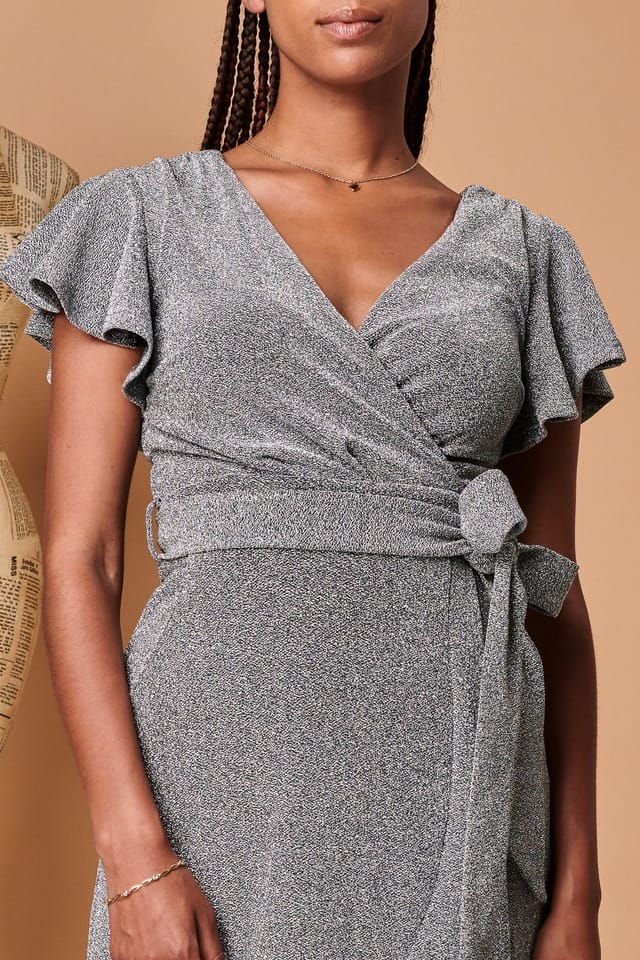 Jolie Moi Jolie Moi Women's Metallic Effect Ruffle Hem Maxi Dress in Silver - 3