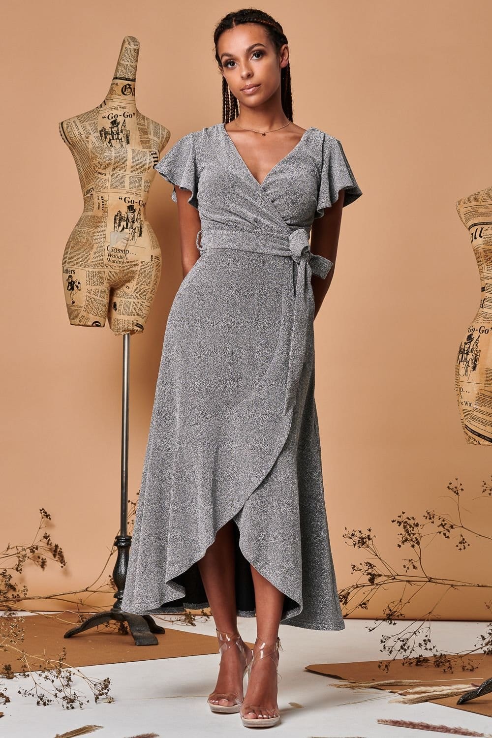 Jolie Moi Jolie Moi Women's Metallic Effect Ruffle Hem Maxi Dress in Silver - 4