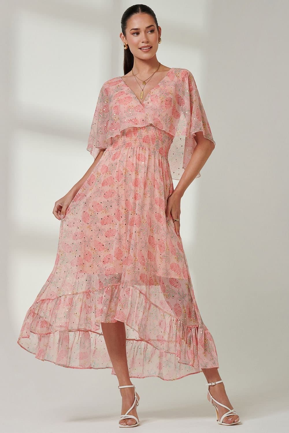 Jolie Moi Jolie Moi Women's Frill V-neck Chiffon Maxi Dress in Orange