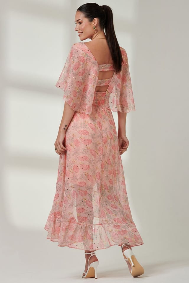 Jolie Moi Jolie Moi Women's Frill V-neck Chiffon Maxi Dress in Orange - 2