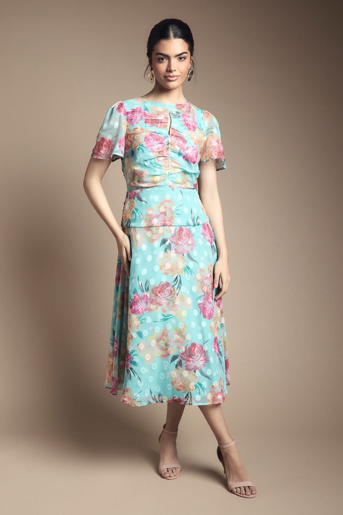 Wallis Wallis Women's Floral Polka Dot Burn Out Ruched Midi Dress in Blue