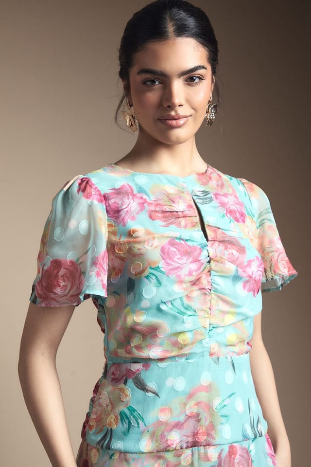 Wallis Wallis Women's Floral Polka Dot Burn Out Ruched Midi Dress in Blue - 2