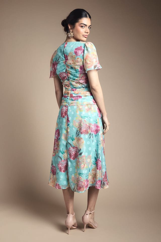 Wallis Wallis Women's Floral Polka Dot Burn Out Ruched Midi Dress in Blue - 3