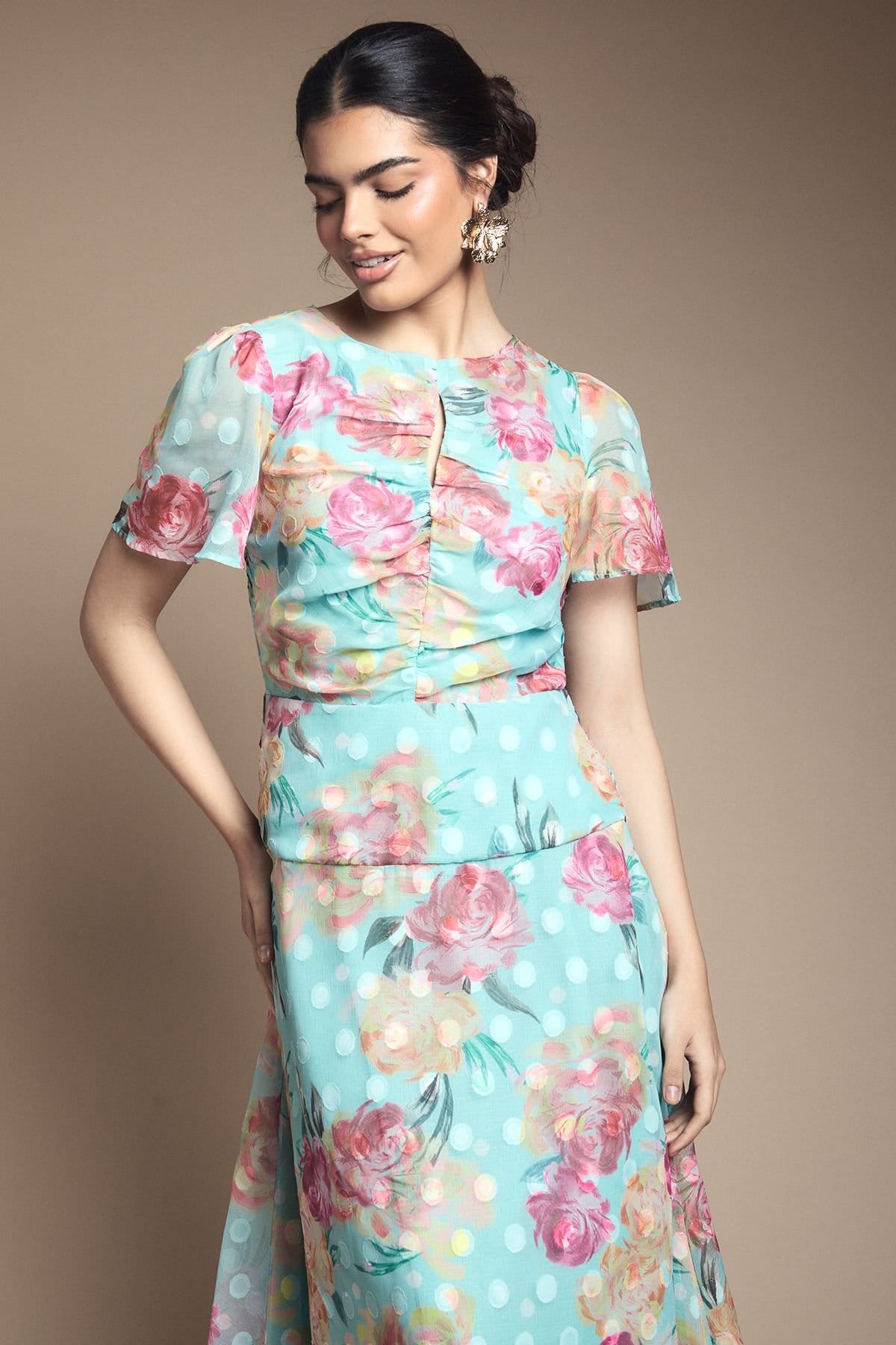 Wallis Wallis Women's Floral Polka Dot Burn Out Ruched Midi Dress in Blue - 4