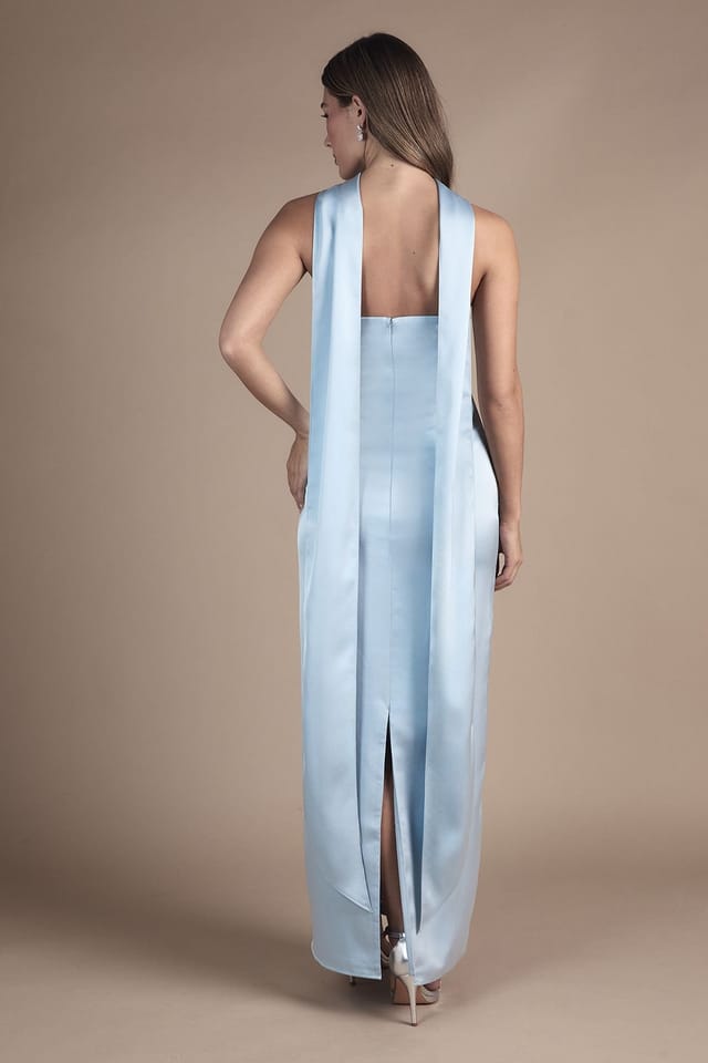 Oasis Oasis Women's Bandeau Satin Bridesmaid Maxi Dress With Scarf in Light Blue - 3