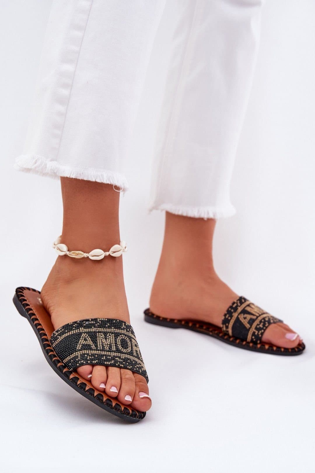 Love Lace Love Lace Women's Flat Sandals With Decorated Strap & Amore Inscription Style in Black