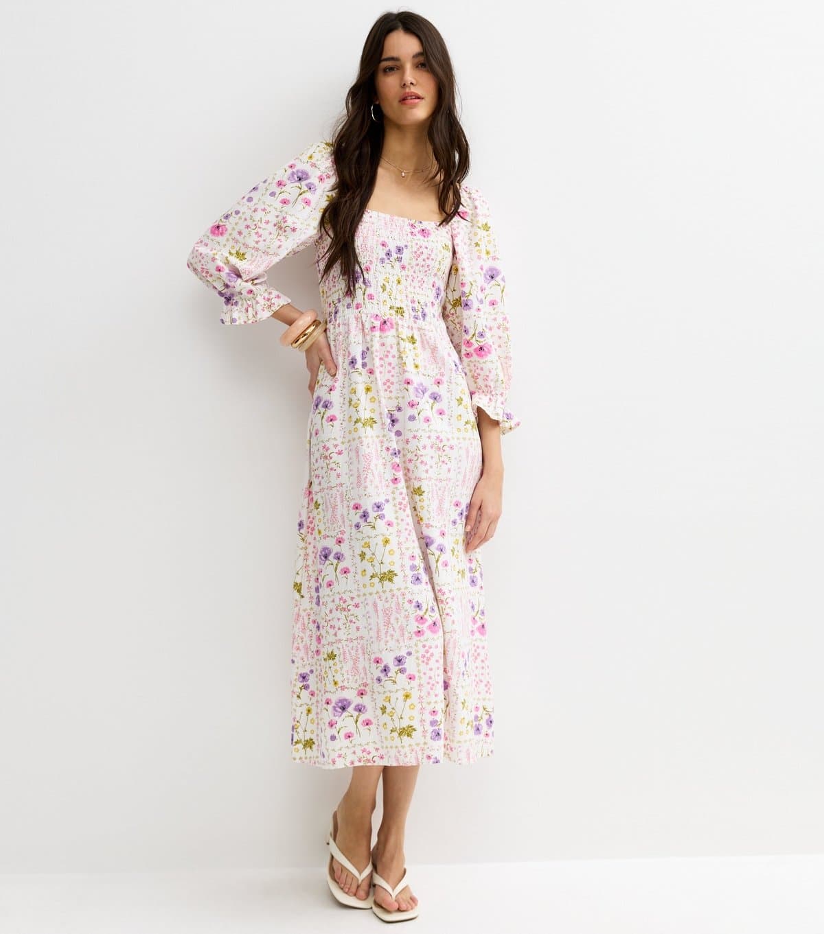 New Look Women's Cream Floral Shirred Cropped Sleeve Midi Dress New Look