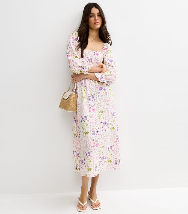 New Look Women's Cream Floral Shirred Cropped Sleeve Midi Dress New Look - 2