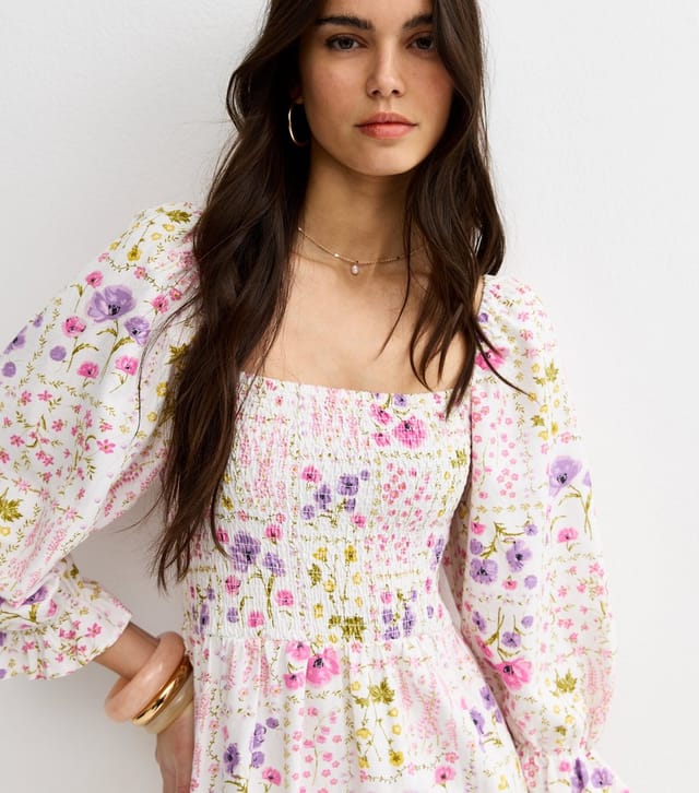 New Look Women's Cream Floral Shirred Cropped Sleeve Midi Dress New Look - 3