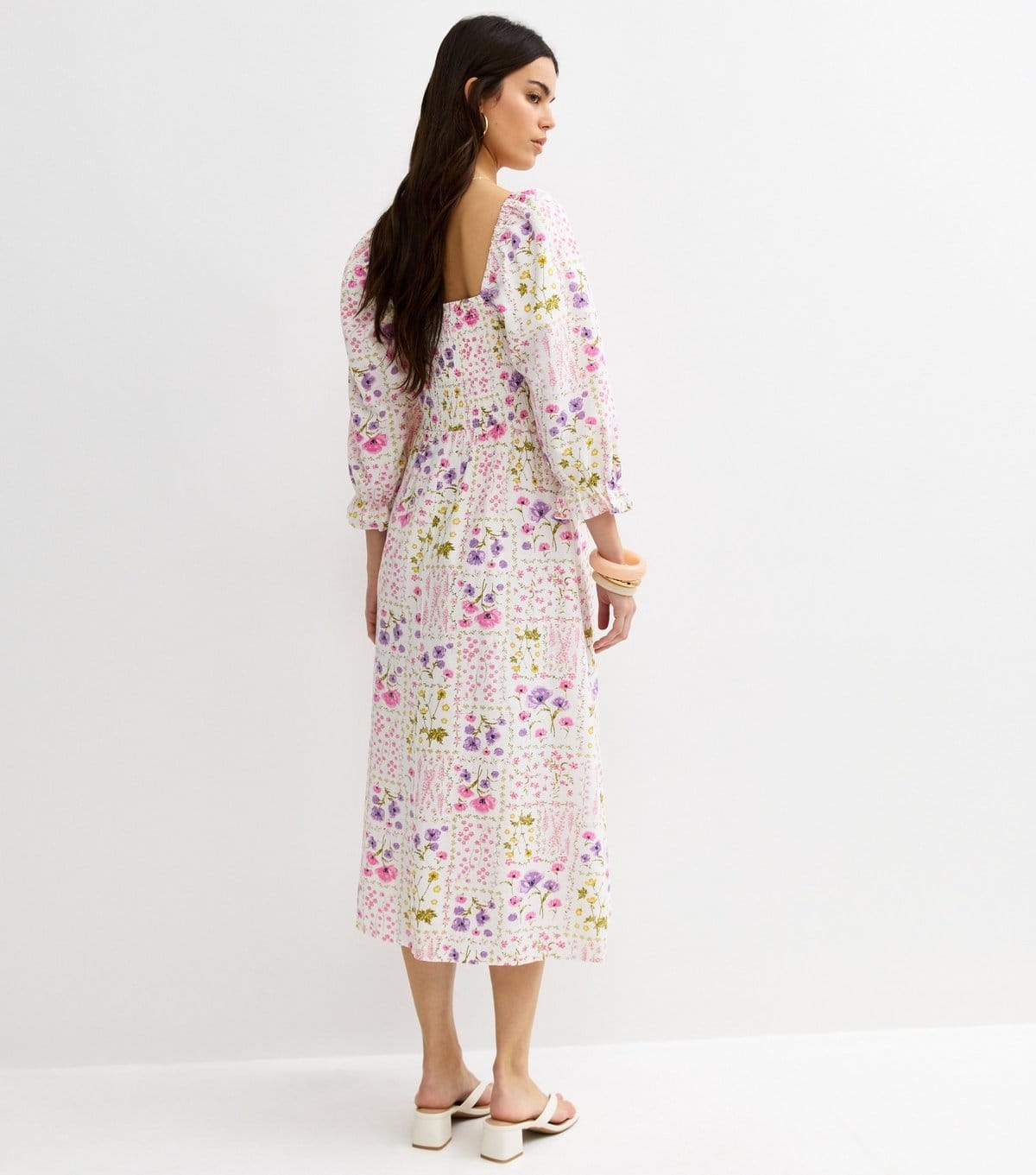 New Look Women's Cream Floral Shirred Cropped Sleeve Midi Dress New Look - 4