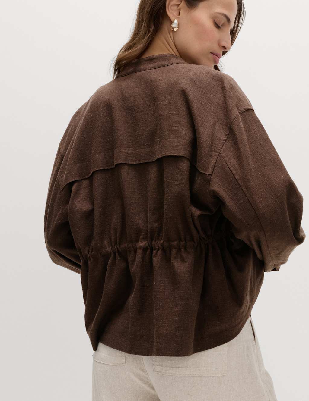 Marks & Spencer M&S Linen Blend Lightweight Utility Jacket Bitter Chocolate - 2