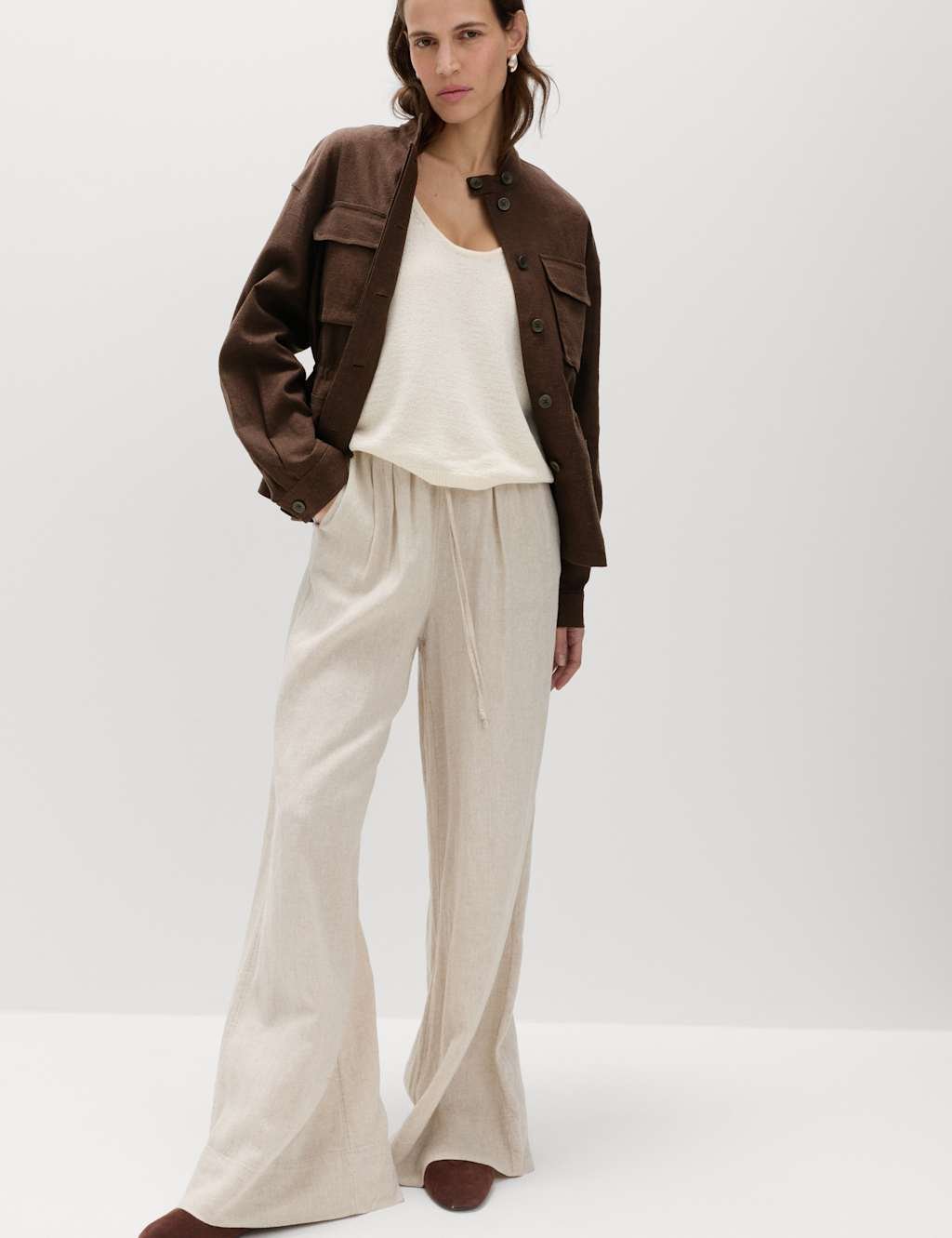 Marks & Spencer M&S Linen Blend Lightweight Utility Jacket Bitter Chocolate - 3