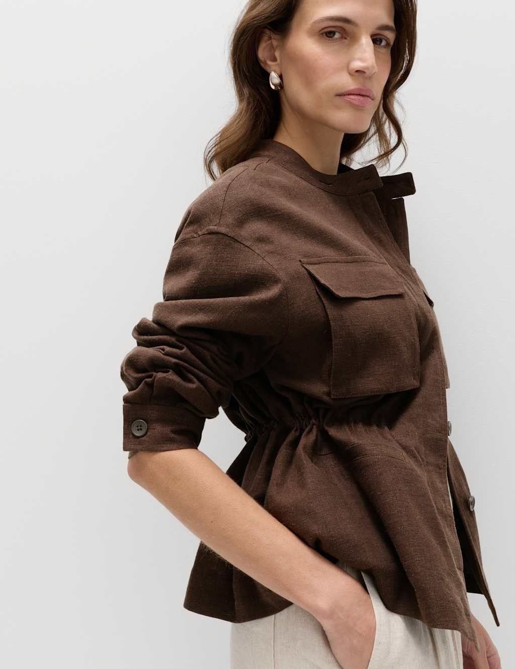 Marks & Spencer M&S Linen Blend Lightweight Utility Jacket Bitter Chocolate - 4