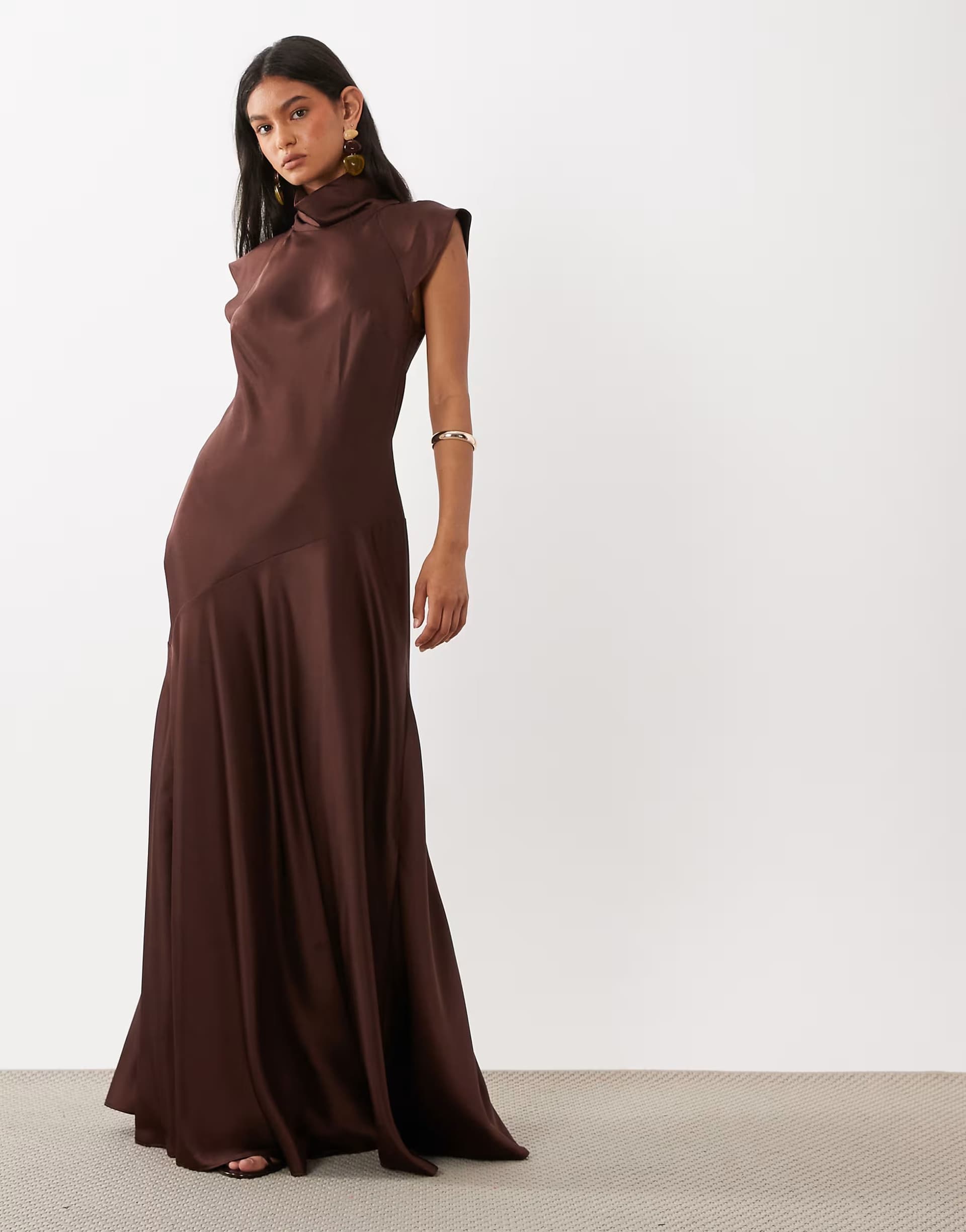 ASOS ASOS DESIGN satin maxi dress with godets in chocolate brown