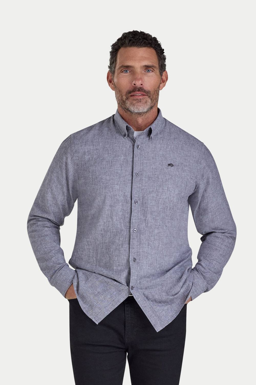 raging bull Raging Bull Men's Long Sleeve Classic Linen Shirt in Charcoal - 3