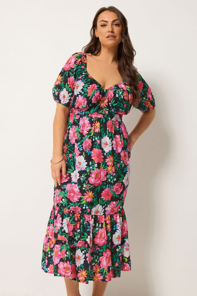 Yours Yours Women's Floral Milkmaid Midi Dress in Black - 3