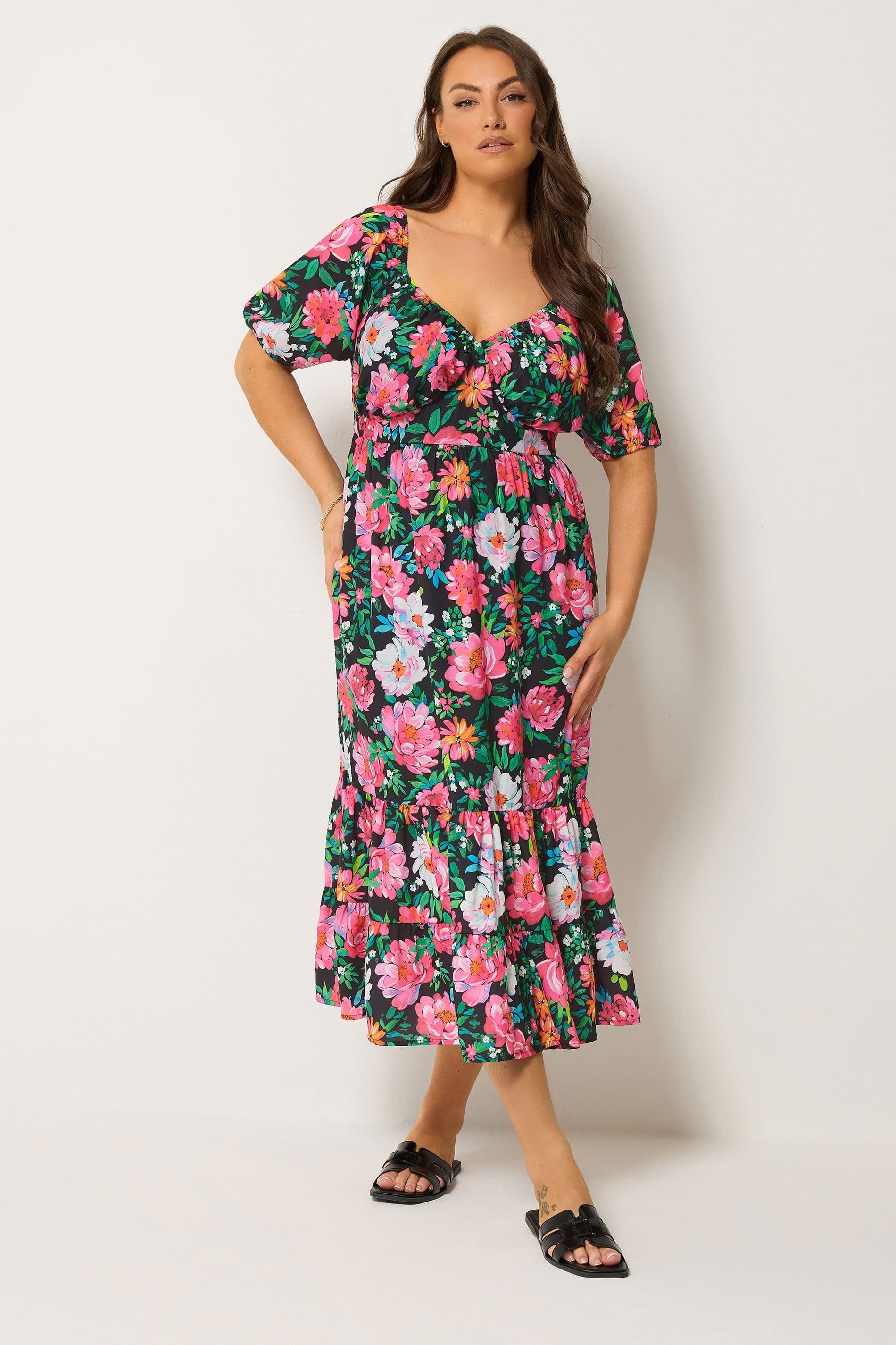 Yours Yours Women's Floral Milkmaid Midi Dress in Black - 4