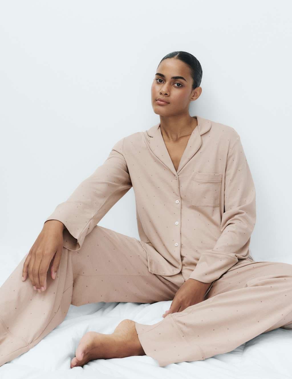 Marks & Spencer M&S Cotton Modal Printed Revere Pyjama Set Fawn