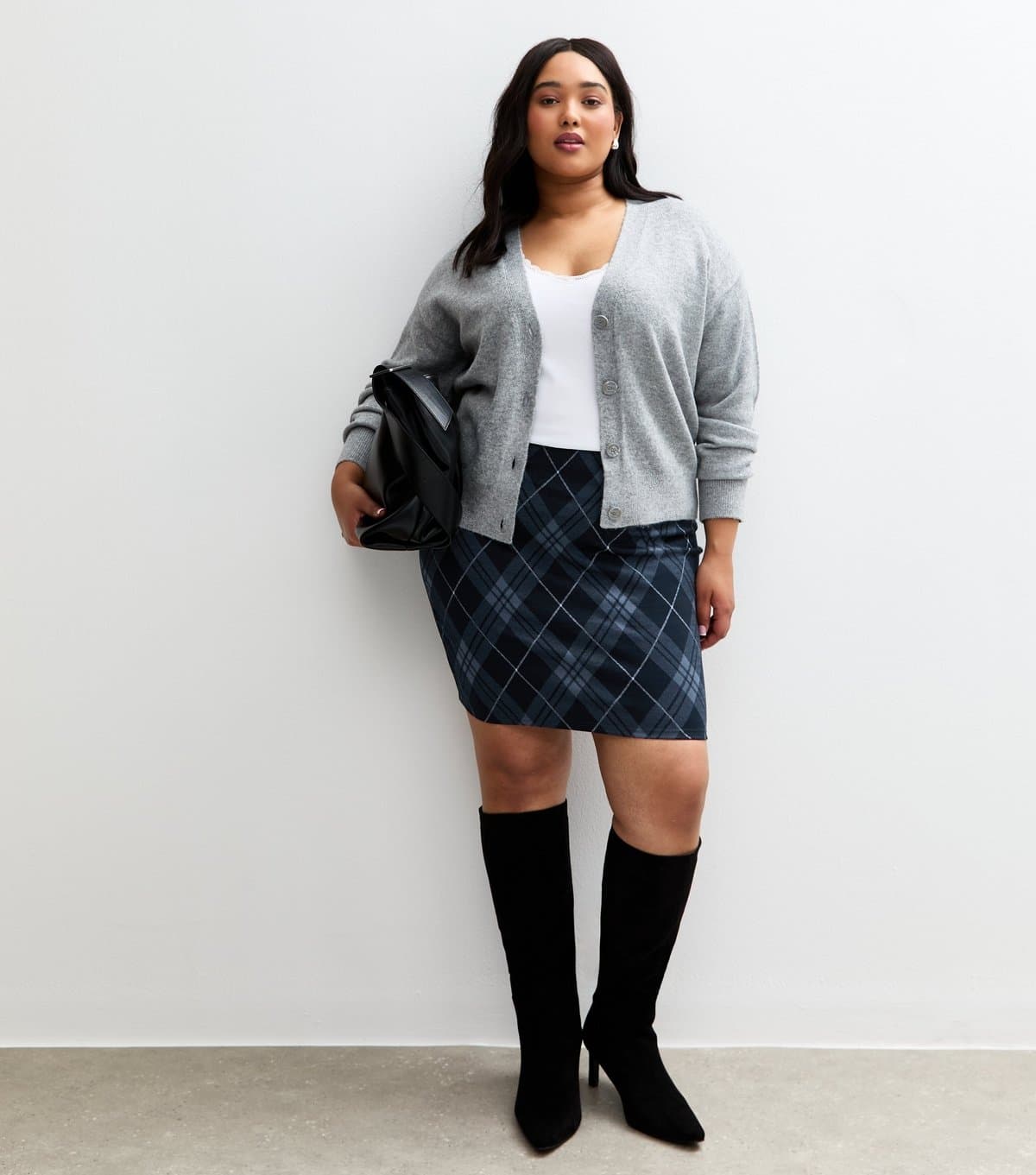 New Look Women's Plus Size Blue Checked Jacquard Tube Skirt Curves New Look