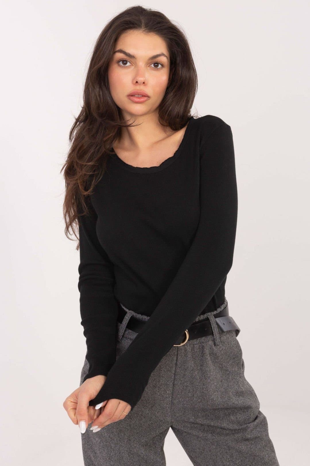 Love Lace Love Lace Black Ribbed Cotton Long Sleeve Blouse