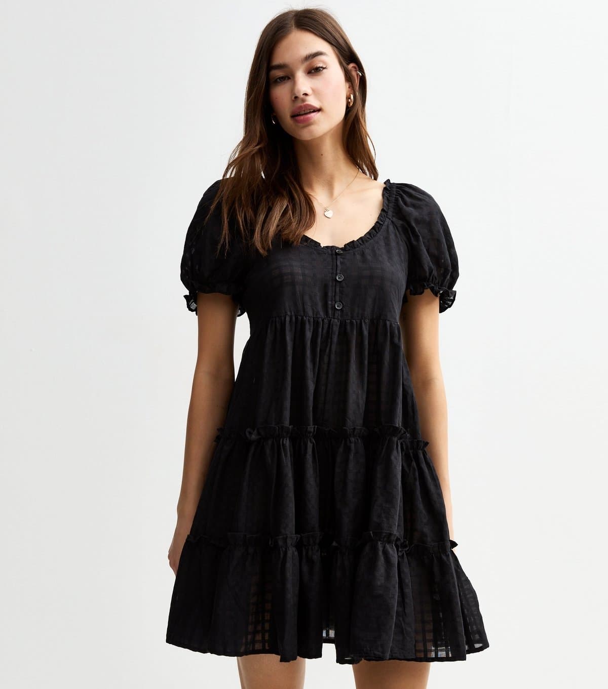 New Look Women's Black Textured Check Tiered Mini Smock Dress New Look