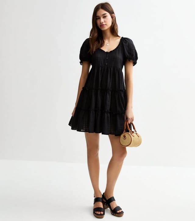 New Look Women's Black Textured Check Tiered Mini Smock Dress New Look - 2