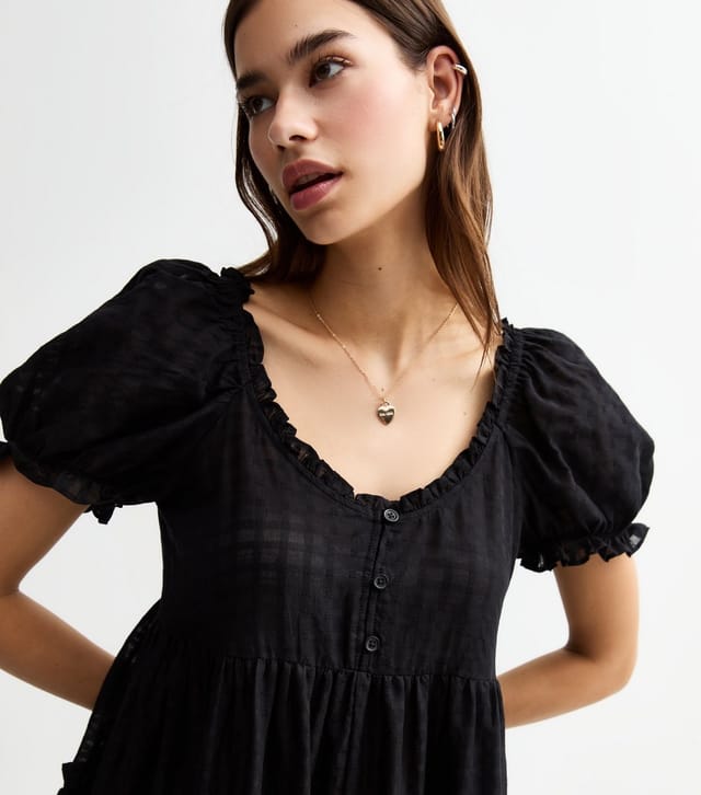 New Look Women's Black Textured Check Tiered Mini Smock Dress New Look - 3