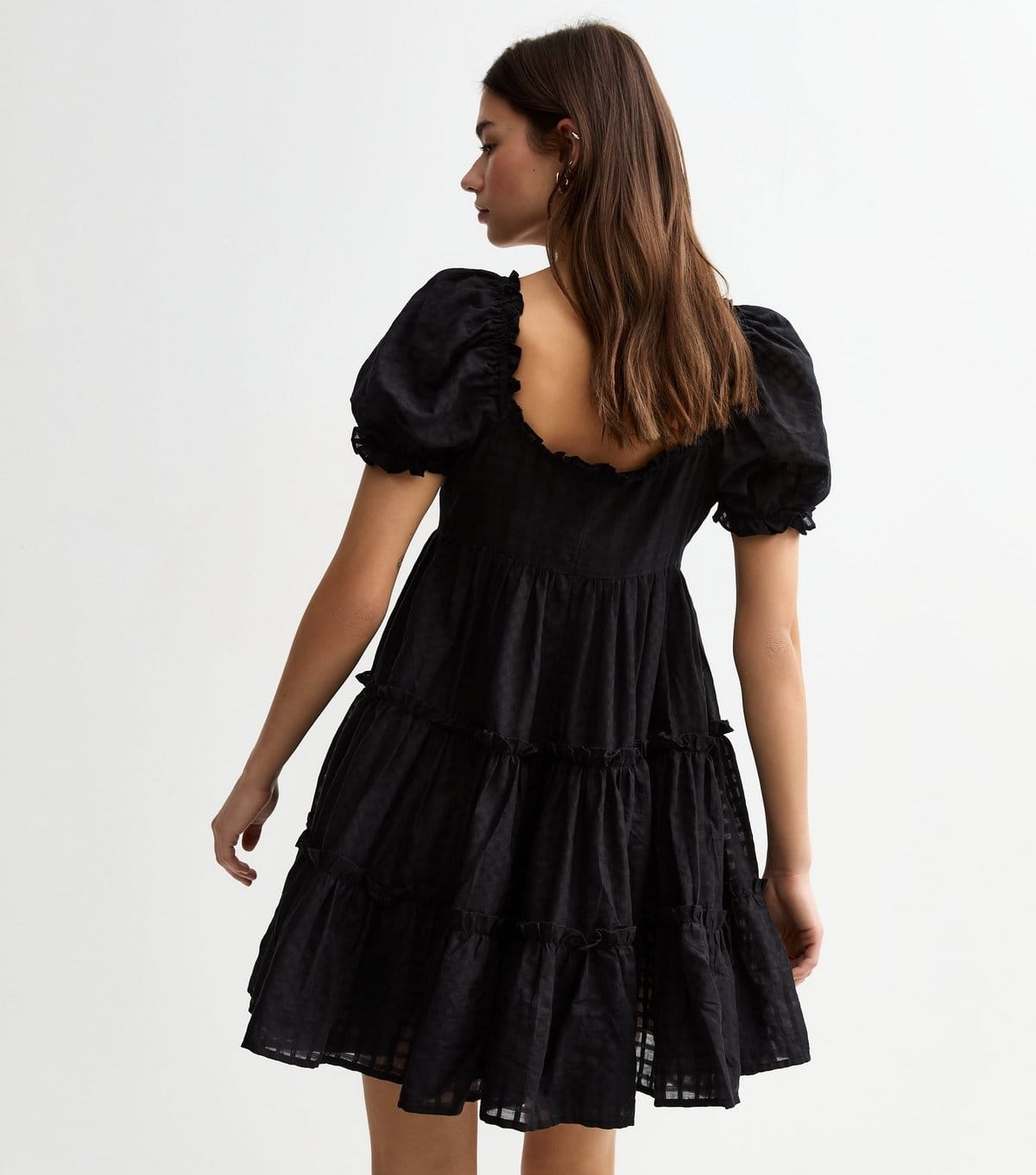 New Look Women's Black Textured Check Tiered Mini Smock Dress New Look - 4
